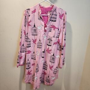 NICK & NORA Pink Birdcage Print 100%  Tunic Nightgown Flannel Day Dress Size XL